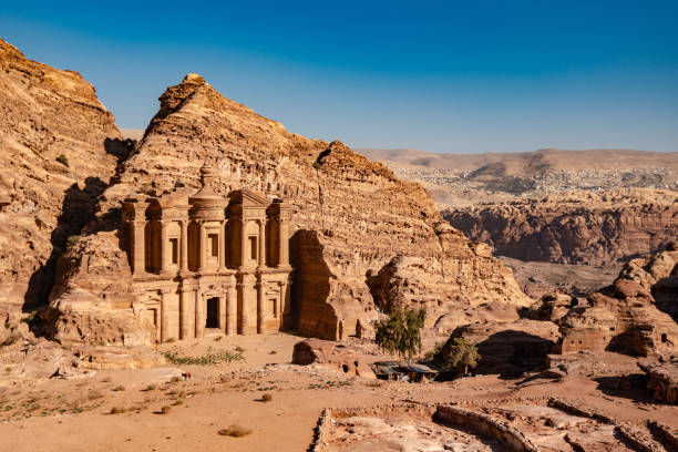 The magnificent Monastery located on the top of Petra in a clear summer day, Jordan stock photo