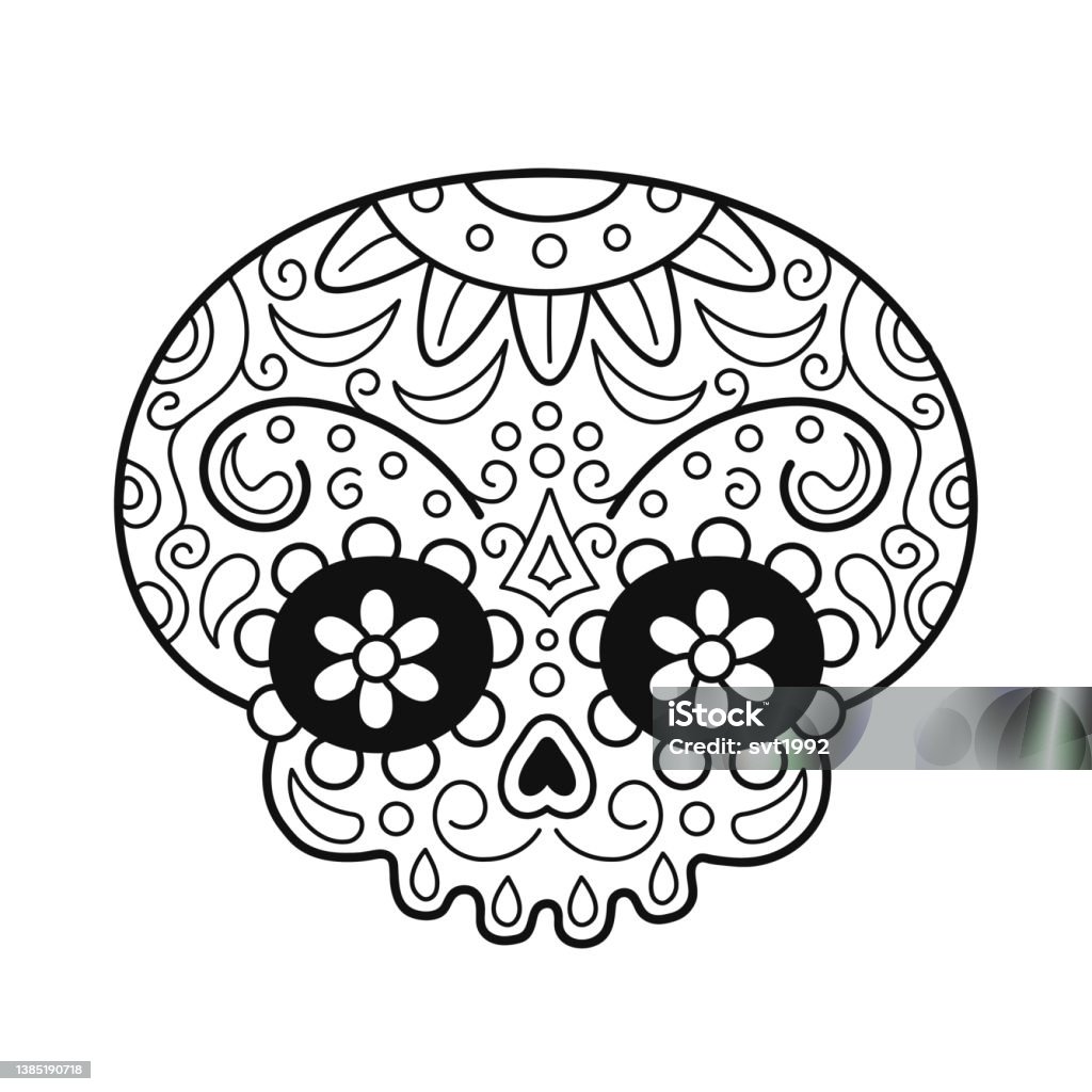 Ilustración de Página De Calavera De Azúcar Mexicana Para Colorear Libro  Icono De Ilustración De Personajes De Dibujos Animados De Línea De  Garabatos Vectoriales Impresión De Camiseta Skull Diseño De Página Para