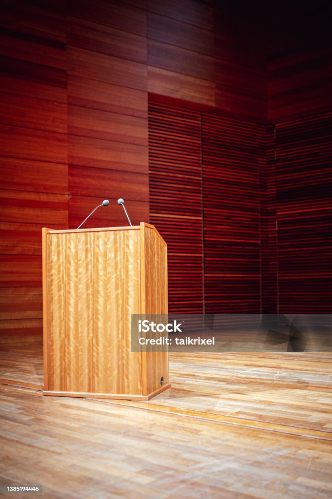 Lectern in a conference rooms Germany: Wood lectern in a conference rooms. Lectern Stock Photo