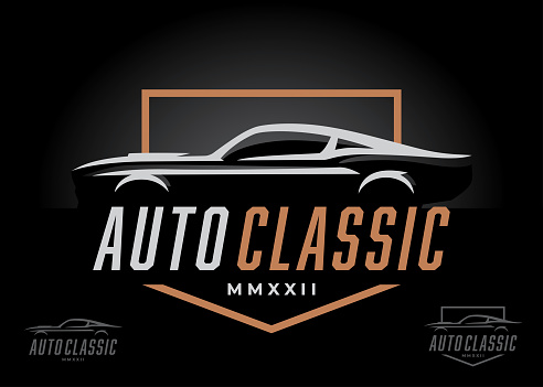 Retro sports car silhouette icon design. Classic American performance motor vehicle dealership symbol. Auto garage showroom sign. Vector illustration.