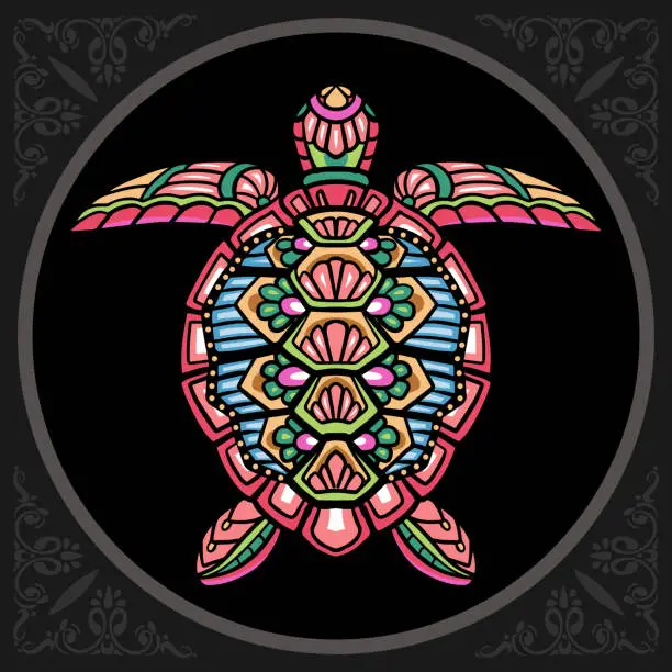 Vector illustration of Colorful sea turtle doodle arts, isolated on black background
