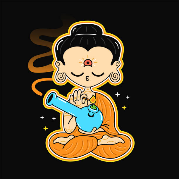 słodki zabawny budda pali chwast z bongiem. wektorowa ręcznie rysowana ilustracja logo postaci kawaii. budda, buddyjska marihuana, marihuana, trawka z nadrukiem na koszulce z postacią bonga - psychedelic smoke colors green stock illustrations