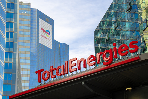 Paris-La Défense, France, March 14, 2022: Exterior view of the tower housing the headquarters of the oil company TotalEnergies, formerly known as Total