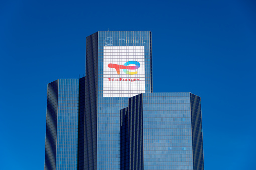 Paris-La Défense, France, March 14, 2022: Exterior view of the tower housing the headquarters of the oil company TotalEnergies, formerly known as Total