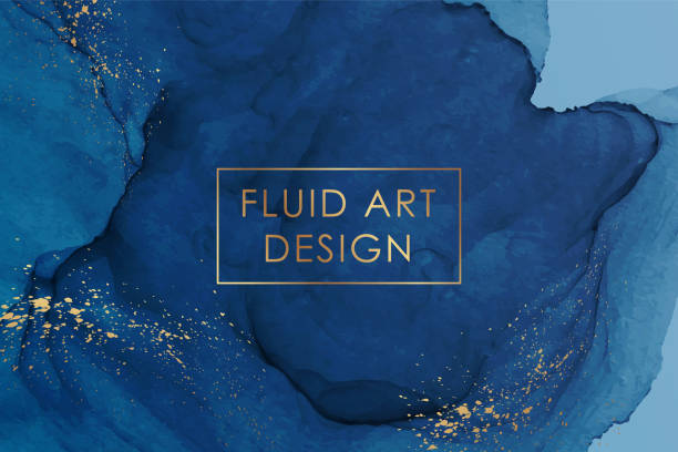 Watercolor background with abstract blue ink waves and golden splashes. Modern watercolor background or elegant card design or wallpaper or poster with abstract blue ink waves and golden splashes. thank-you-gold-greeting-card stock illustrations