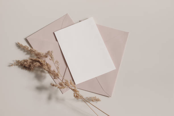 istock Boho wedding, birthday stationery composition. Blank greeting card, invitation mockup, blush pink, nude envelopes. Dry grass, festuca plant ins sunlight on beige table background. Fall flat lay, top 1385203577