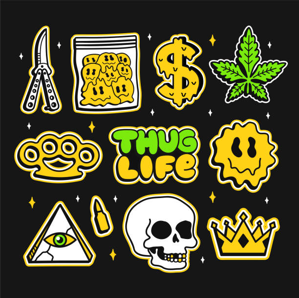 illustrazioni stock, clip art, cartoni animati e icone di tendenza di thug life, street graffiti style fashion sticker pack. illustrazione vettoriale disegnata a mano della linea del cartone animato del doodle. stile graffiti di strada, erba, marijuana, coltello, droghe, concetto di pacchetto di adesivi per teschi - uncultivated