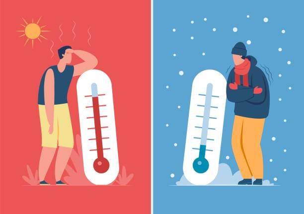 Male character in hot and cold weather with outdoor thermometer. Person sweating or freezing, summer vs winter season vector illustration Male character in hot and cold weather with outdoor thermometer. Person sweating or freezing, summer vs winter season vector illustration. Extreme weather conditions, outside temperature cartoon thermometer stock illustrations