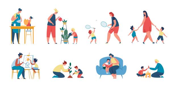 ilustraciones, imágenes clip art, dibujos animados e iconos de stock de madre e hijo pasan tiempo juntos, mamá e hija cocinando, pintando. madres e hijos leyendo, jugando, conjunto de vectores de actividades familiares - family sofa vector illustration and painting