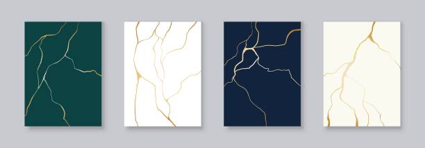 złote plakaty kintsugi, japońska sztuka naprawy popękanej ceramiki. minimalistyczne marmurowe nadruki wzornicze, złoty efekt pęknięć wektorowy zestaw plakatów - crackle stock illustrations
