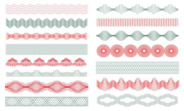 ギョッチェの国境、お金の透かし、証明書の装飾要素。紙幣セキュリティ透かし、ギロッシュシームレスボーダーベクトルセット - passport watermark pattern backgrounds点のイラスト素材／クリップアート素材／マンガ素材／アイコン素材