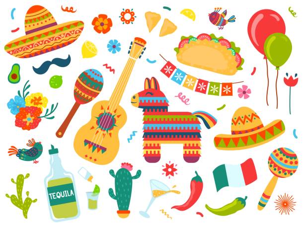 illustrazioni stock, clip art, cartoni animati e icone di tendenza di elementi di doodle messicani, decorazioni del festival cinco de mayo. simboli e cibo delle vacanze in messico, tequila, pinata, sombrero, set vettoriale per chitarra - mexico mexican culture cinco de mayo art