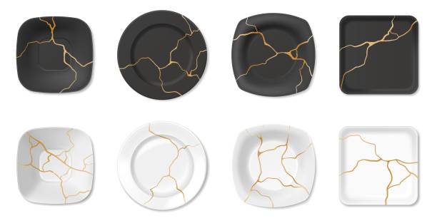 ilustrações, clipart, desenhos animados e ícones de kintsugi, placas quebradas com rachaduras douradas, arte japonesa de reparo. reparação cerâmica rachada com ouro, conjunto vetorial de placa de mármore - crackle