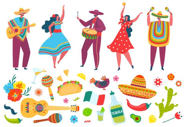 illustrazioni stock, clip art, cartoni animati e icone di tendenza di elementi di festa del cinco de mayo, messicani in abiti tradizionali. celebrazione del festival del messico, banda mariachi, sombrero, set vettoriale per chitarra - latin music