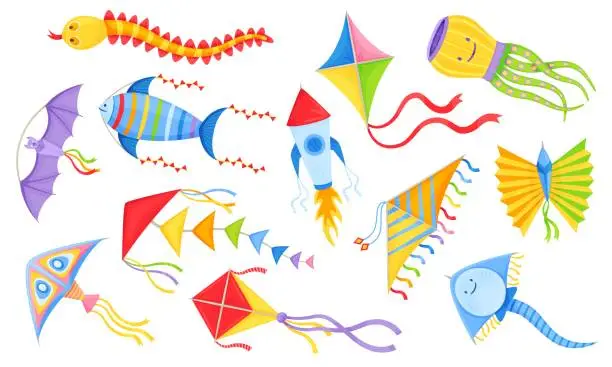 Vector illustration of Cartoon kites, colorful flying children toy with ribbons. Kite festival, animal shape wind toys, summer outdoor kids activity vector set