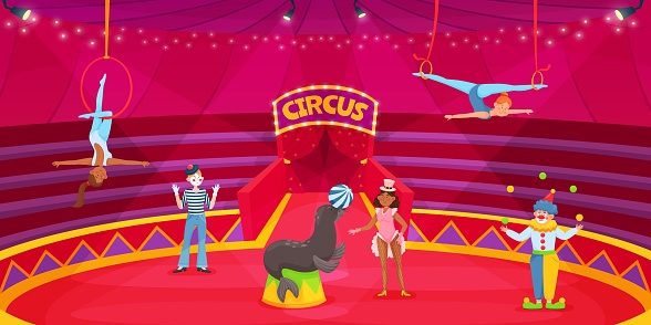 Cartoon circus performers on arena, clown, acrobat, animal trainer. Circus artists on stage, carnival show with acrobats vector illustration. Women doing aerial tricks, comedian juggling