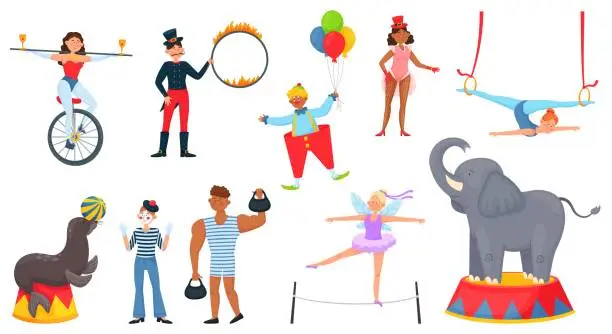 Vector illustration of Cartoon circus characters, carnival artists, trained animal performers. Circus elephant, seal, clown, acrobat, magician, juggler vector set