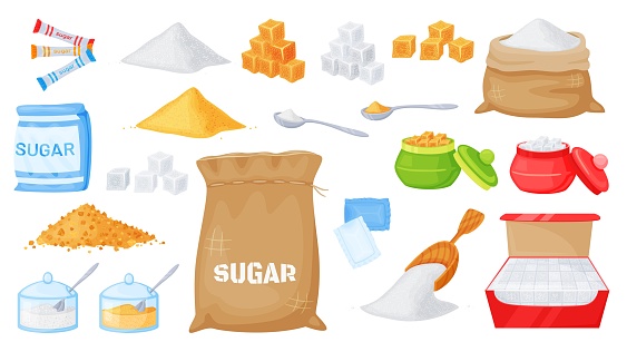 Cartoon white and brown cane sugar in different packages. Granulated and cube sugar in spoons, bowls, canvas bags, sachets vector set. Powder for culinary or baking, scoops and heaps