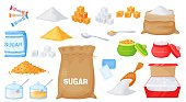 Cartoon white and brown cane sugar in different packages. Granulated and cube sugar in spoons, bowls, canvas bags, sachets vector set