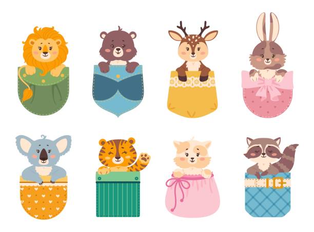 Cartoon animals in pockets, lion, tiger, rabbit, cat sitting inside pocket. Cute baby animal characters peeking out patch pocket vector set Cartoon animals in pockets, lion, tiger, rabbit, cat sitting inside pocket. Cute baby animal characters peeking out patch pocket vector set. Adorable fluffy pet heads isolated on white bear face stock illustrations