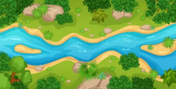 Vector illustration of Cartoon top view river landscape with green trees, bushes and stones. Summer nature scene with forest and water stream vector illustration