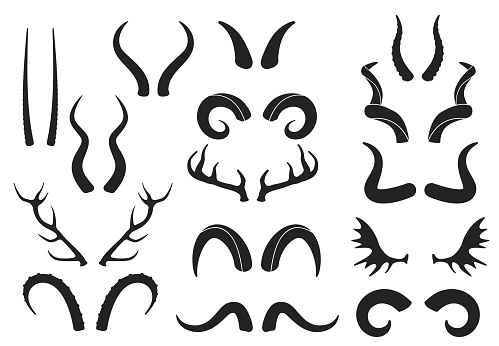 Animal horns silhouettes, antelope, ram, goat, buffalo horn. Deer antlers, hunting trophy, wild animals horn and antler silhouette vector set. Curled big and small horns of different shapes