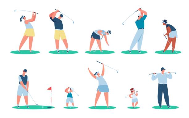 Golfer characters, golf players with clubs, kids golfing. Golfers hitting ball with club, people playing golf, outdoor sports vector set vector art illustration