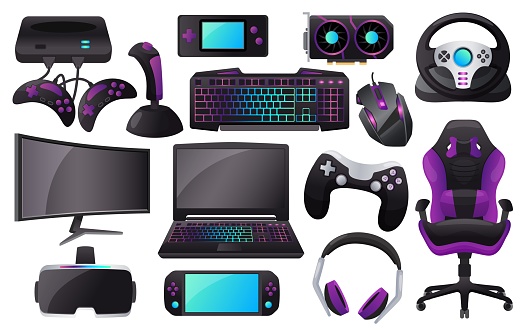 Cartoon gaming accessories, professional gamer gear and equipment. Monitor, headphone, keyboard, vr headset, gaming peripherals vector set. Virtual reality devices, steering wheel and laptop