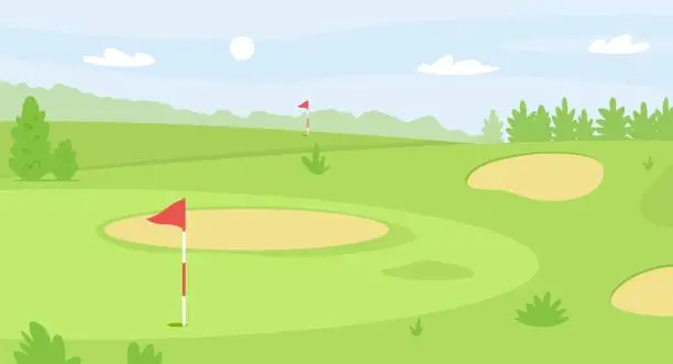 Vector illustration of Summer golf course landscape, green grass field for golfing. Red flag and hole, fairway and sand bunkers, golf scene vector illustration