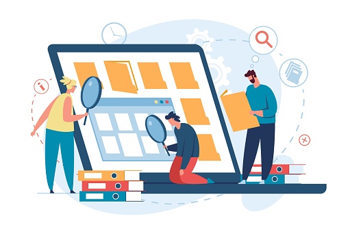 People searching files, organizing digital database, file archive. Characters finding information, document organization vector concept. Man and woman doing research with magnifying glass