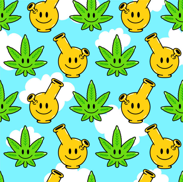 illustrazioni stock, clip art, cartoni animati e icone di tendenza di carino kawaii felice foglia d'erba, bong, trippy modello senza cuciture. illustrazione del personaggio del fumetto kawaii disegnata a mano a mano. sorriso trippy faccia, erba, cannabis, marijuana, alto, droga concetto di modello senza cuciture - uncultivated