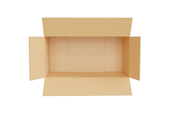 istock Opened empty brown cardboard box, top view. Mockup template carton box isolated on white background. Rectangle format. Delivery concept. 3d render illustration. 1385207433