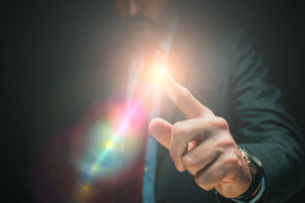 istock Business innovation, futuristic concept with businessman tapping virtual screen 1385209018