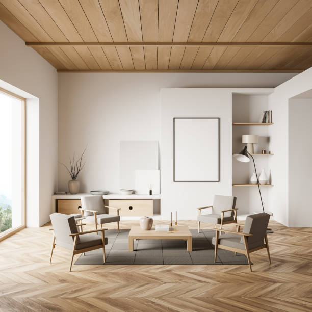 istock Light guest room interior with seats and decoration, window and mockup poster 1385209040