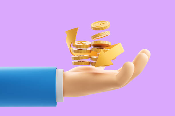 istock Hand with golden coins on violet background, refund for payment 1385210389