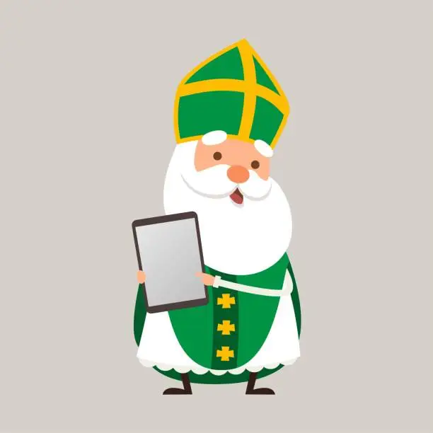 Vector illustration of Saint Patrick Ireland's patron saint with tablet - vector illustration isolated