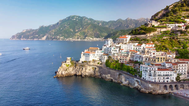 Amazing aerial view of Amalfi coastline in summer season, Amalfi Coast. Amazing aerial view of Amalfi coastline in summer season, Amalfi Coast ravello stock pictures, royalty-free photos & images