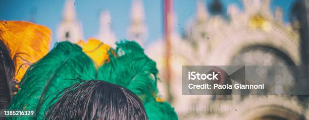 Colorful Hat Feathers With Venice Colors In St Mark Square For Mardi Gras Parade Italy Stock Photo - Download Image Now