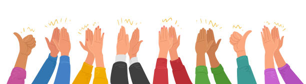 People crowd applause. Hands clapping. Business teamwork cheering. Ovation, delight vector illustration People crowd applause. Hands clapping. Business teamwork cheering. Ovation, delight vector illustration congratulating stock illustrations