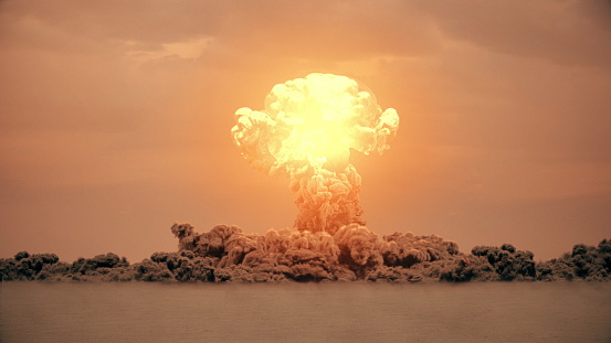 3d rendering of large nuke bomb test explosion with film look