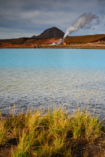 The turquoise lake of Bjarnarflag Geothermal Power Station, near the Ring Road between Namafjall and Reykjahlid, Mývatn, northern Iceland