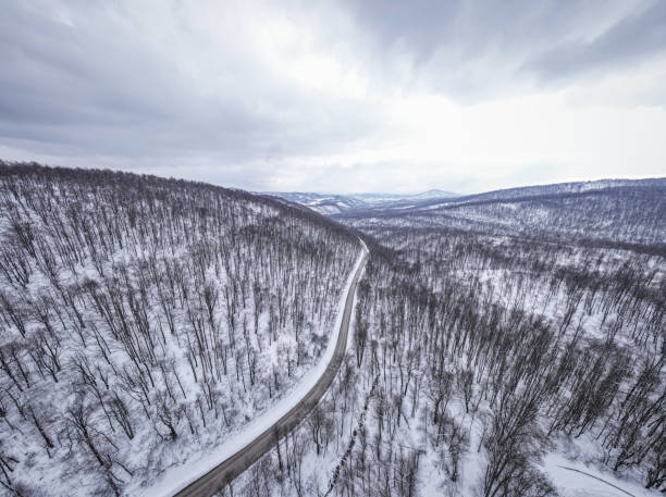 Panorama from the air, view of the winter mountain landscape