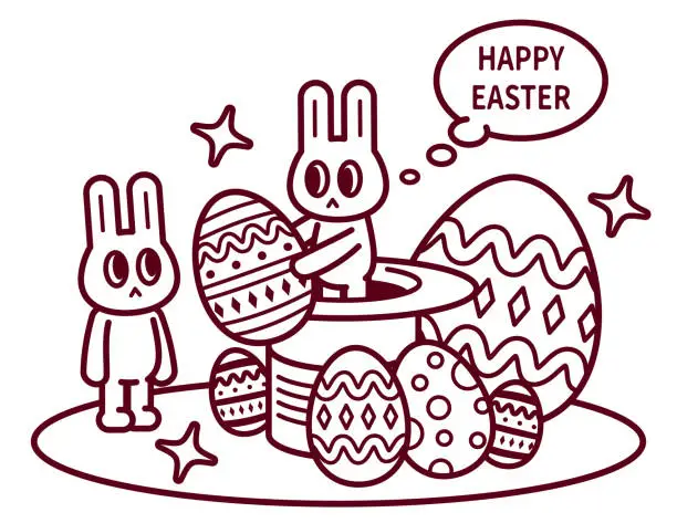 Vector illustration of Happy Easter, one Easter bunny turning up from a big magic top hat and sending lots of Easter Eggs to his friend