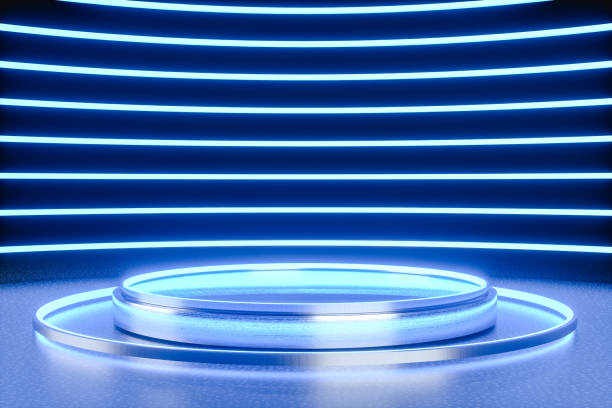istock Futuristic neon pedestal for product presentation. 3d render 1385225059
