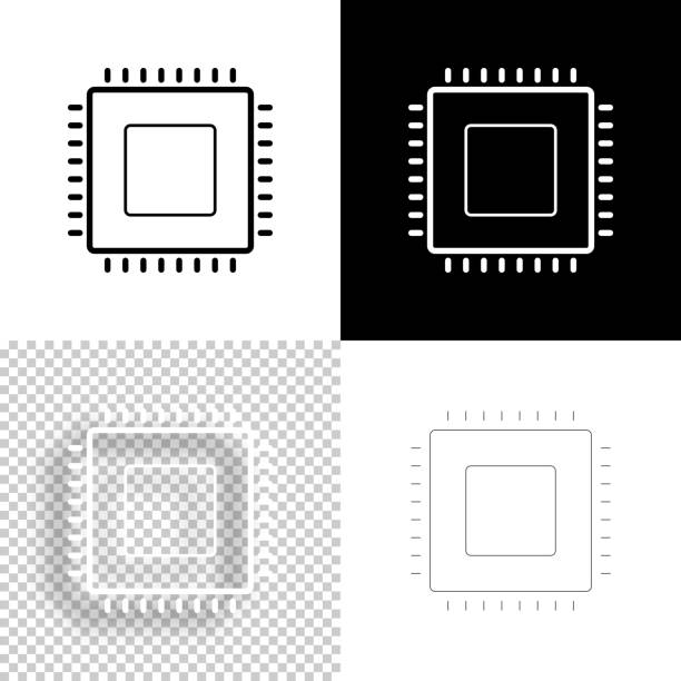 Microchip. Icon for design. Blank, white and black backgrounds - Line icon Icon of "Microchip" for your own design. Four icons with editable stroke included in the bundle: - One black icon on a white background. - One blank icon on a black background. - One white icon with shadow on a blank background (for easy change background or texture). - One line icon with only a thin black outline (in a line art style). The layers are named to facilitate your customization. Vector Illustration (EPS10, well layered and grouped). Easy to edit, manipulate, resize or colorize. Vector and Jpeg file of different sizes. semiconductor stock illustrations