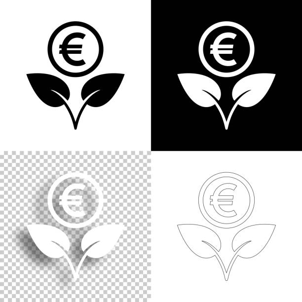 ilustrações, clipart, desenhos animados e ícones de crescendo euro. ícone para design. fundo em branco, branco e preto - ícone da linha - nature black and white leaf black background