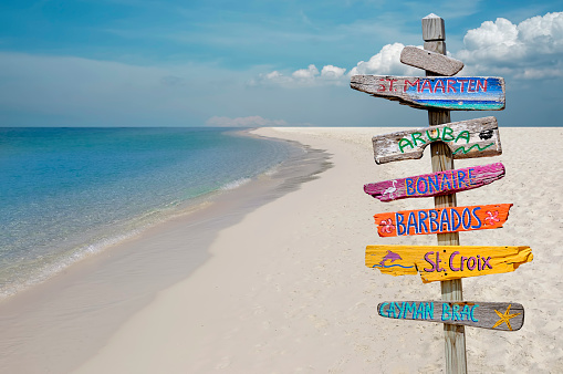 sign in foreground to right, ocean to left, sandy beach and blue sky with clouds in background, sunny day, no people, colorful seascape, copy space to left