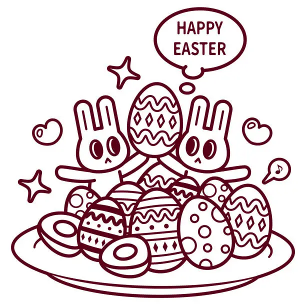 Vector illustration of Happy Easter Bunny with a big plate of Easter Eggs