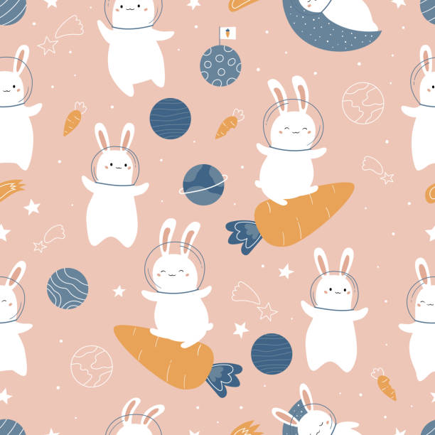Space seamless pattern with cute kawaii rabbit, carrots, stars, planets and rocket. Cartoon bunny on pink background. Vector illustration. astronaut designs stock illustrations
