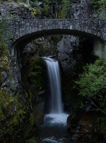 Bridge over a waterfall in the forest
